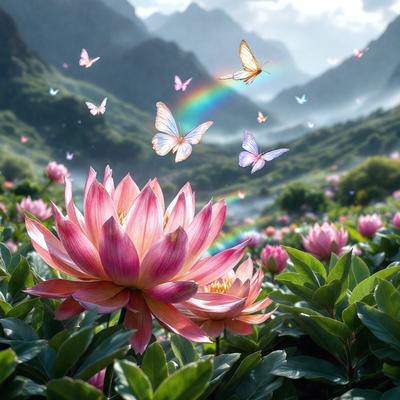 The primary subject of the image is a beautiful flower, likely a lotus, with a butterfly flying above it. The flower is situated in a lush green field, surrounded by a variety of other flowers. The setting appears to be a serene, natural environment, possibly a garden or a forest. The visual style of the image is a combination of photo and digital art, creating a vibrant and colorful scene. The dominant colors in the image are green, pink, and yellow, giving the scene a warm and inv